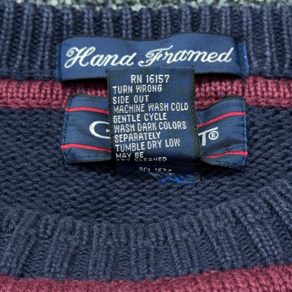 Vtg Gant Mens XL Navy Blue Cotton Golfer Embroidered‎ Knit Sweater Hand Framed
